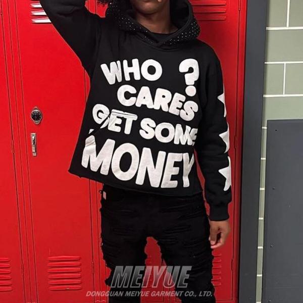 Anti Wrinkle Streetwear Rhinestone Hoodie Puff Printing Drop Shoulder Crop Hoodie