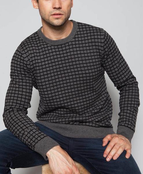 Half Merino Wool / Cotton Intarsia Knit Sweater , Small Check Men'S Polo Pullover Sweater