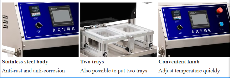 Desktop Modified Atmosphere Control Precise Gas Injection Tray Sealing Machine DQ400T-E with Food Grade 304 Stainless Steel and 6061 Anodized Aluminum Mold