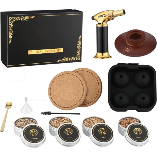 kit de fumeur de cocktail haut de gamme avec boîte de rangement en bois -coaster en liège avec 4 saveurs et de haute qualité Torche pour cadeau pour hommes