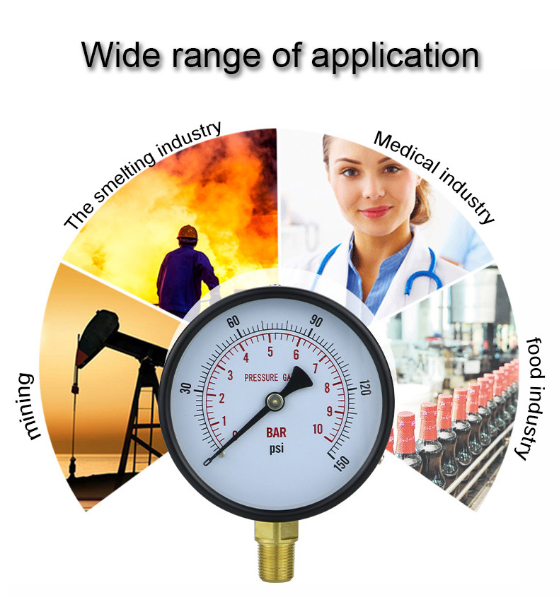 1/2 Thread Connection 400bar 1.6% 4 Inch 100mm Bottom Dry Pressure Gauges at Affordable