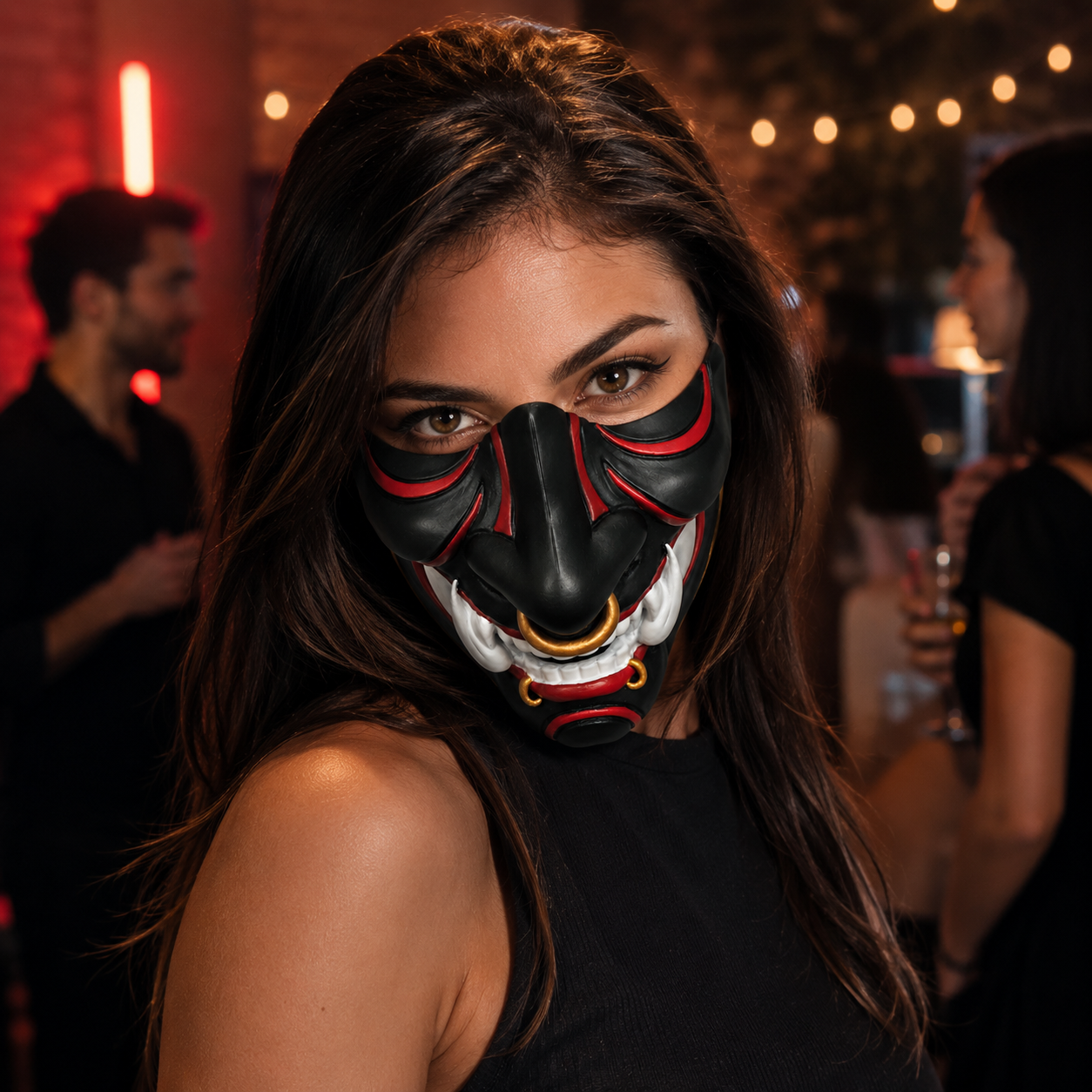 Resin Demon Half Face Mask, Black Red Oni Style Costume Mask with Gold Ring Accents for Adults, Halloween Cosplay, Masquerade Party, Festival Outfit, Photo Shoot and Stage Performance