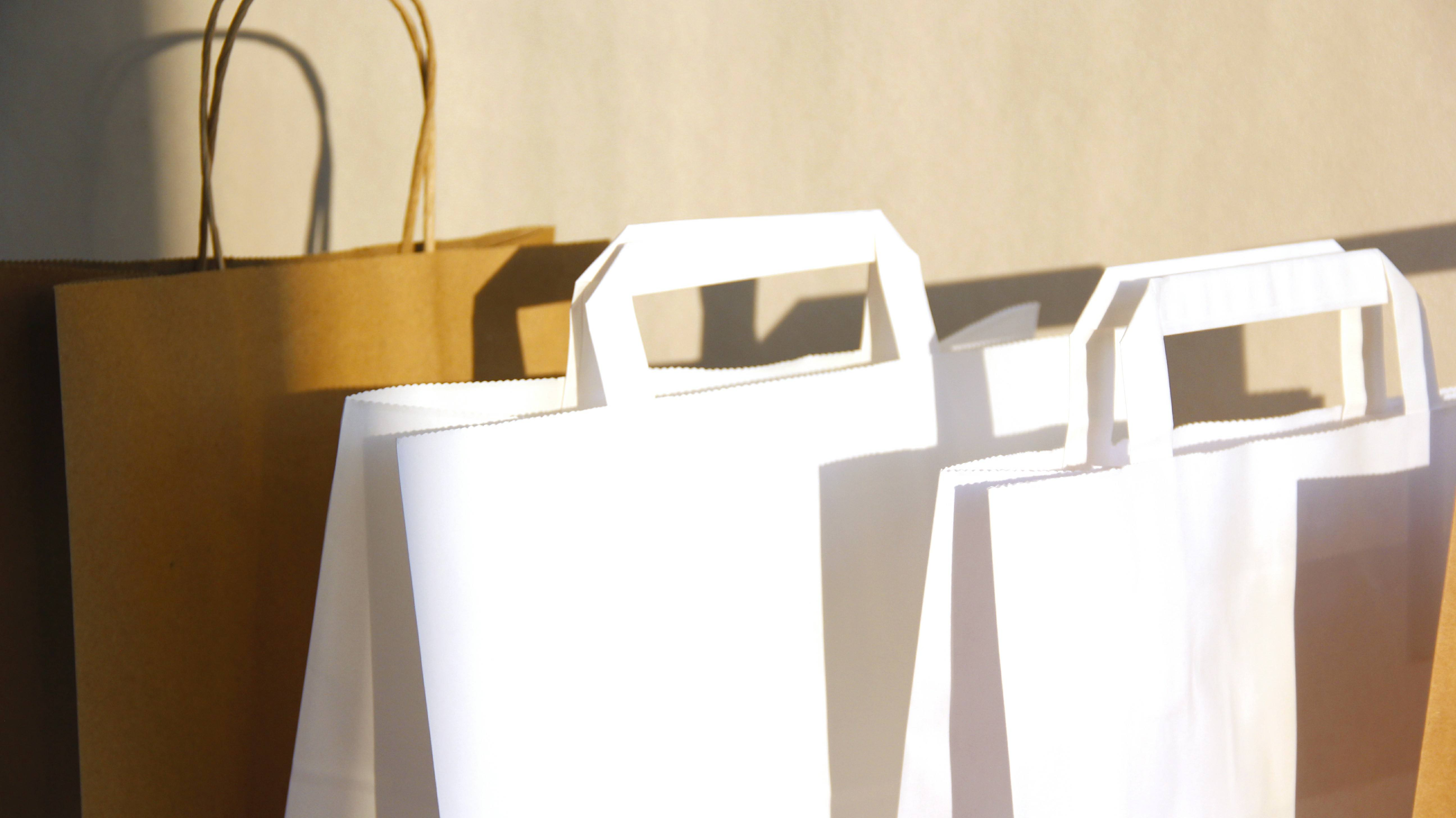 Eco-Friendly Paper Bag Brown Kraft White Paper Classic Recyclable Bag With Twist Flat Handle Custom Logo Packaging