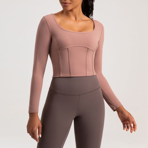 Sculpted Corset-Style Long Sleeve Crop Top in Dusty Rose - Buttery Soft Compression Fabric for Yoga, Gym & Everyday Wear
