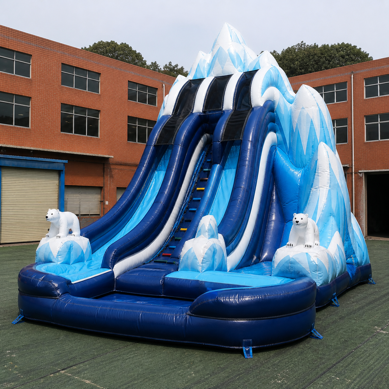Commercial Polar Expedition Dual Lane Inflatable Slide with Ice Mountain Theme High Side Walls and Landing Pool