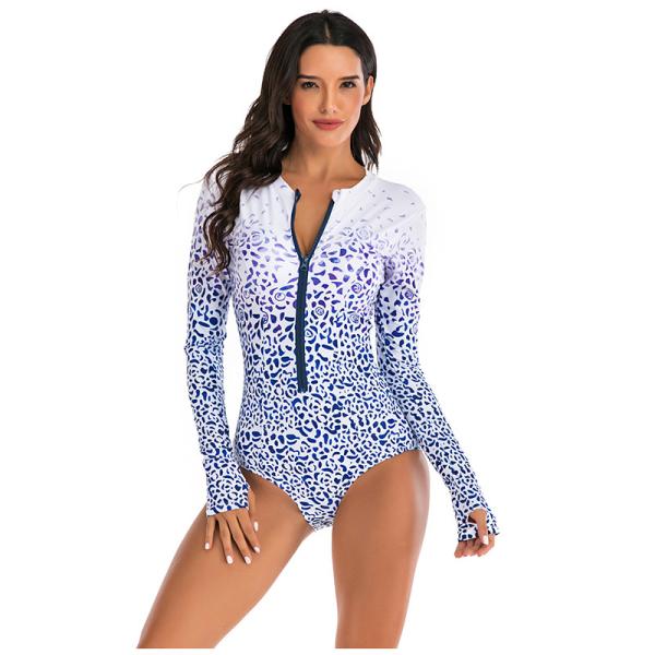 Traje de baño de Front One Piece Long Sleeve de la cremallera que imprime el alto puño elástico del pulgar