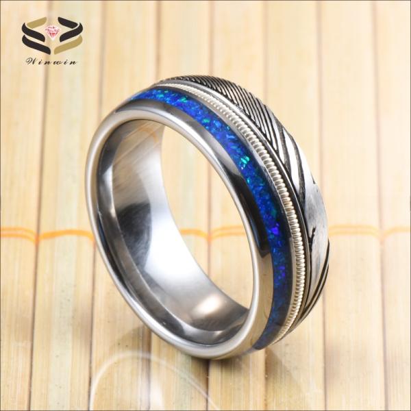 Chasse à l'homme Damas Anneaux de mariage en acier 8 mm Opal bleu Argent Guitare à cordes incrustée