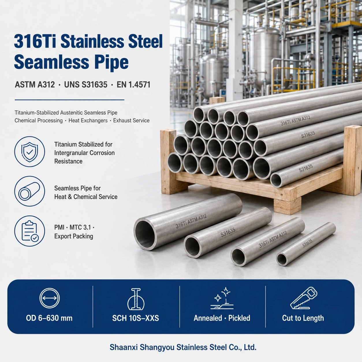 ASTM A312 TP316Ti Stainless Steel Seamless Pipe with Titanium Stabilization and Intergranular Corrosion Resistance