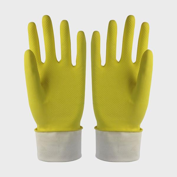 Yellow Color Cotton Flocklined  Rubber Gloves For Household Kitchen Use