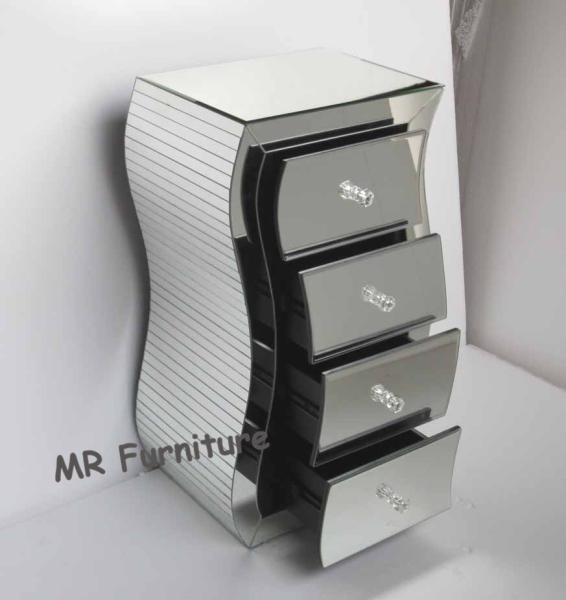 S Shape Silver Mirrored Chest , 4 Drawers Mirrored Bedroom Dresser Wooden Base