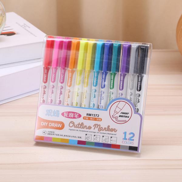 Student Plastic Double Line Contour Pen Graffiti Handbooks Multi Color Highlighter Pen