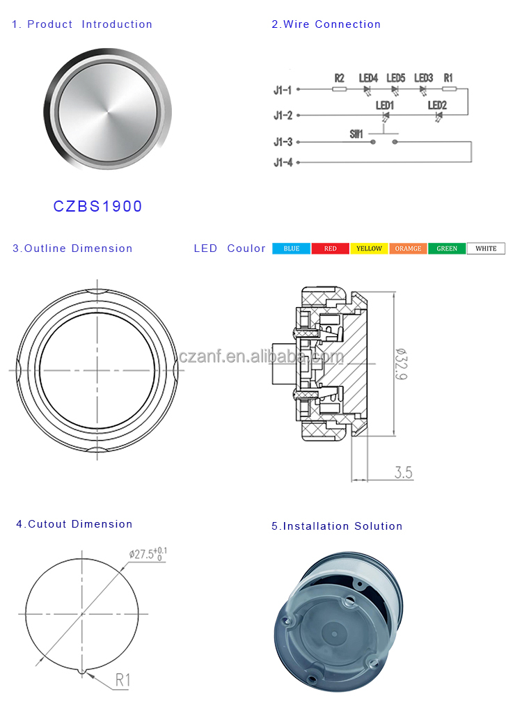 Все цвета опциональные DC24V 27mm Лучшая цена Нержавеющая сталь Круглая кнопка подъемник подъемник Часть коп лоп кнопка
