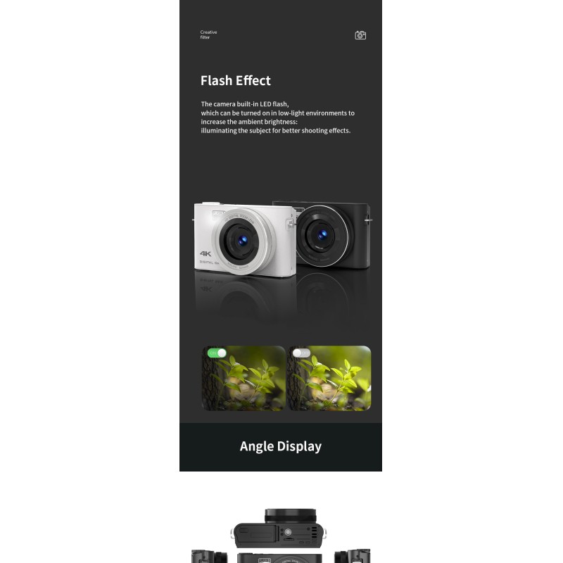 Newest HD 4K Digital Camera 3.0'' IPS Touch Screen with Flash Light and MP3 Function Student Camera for Photography
