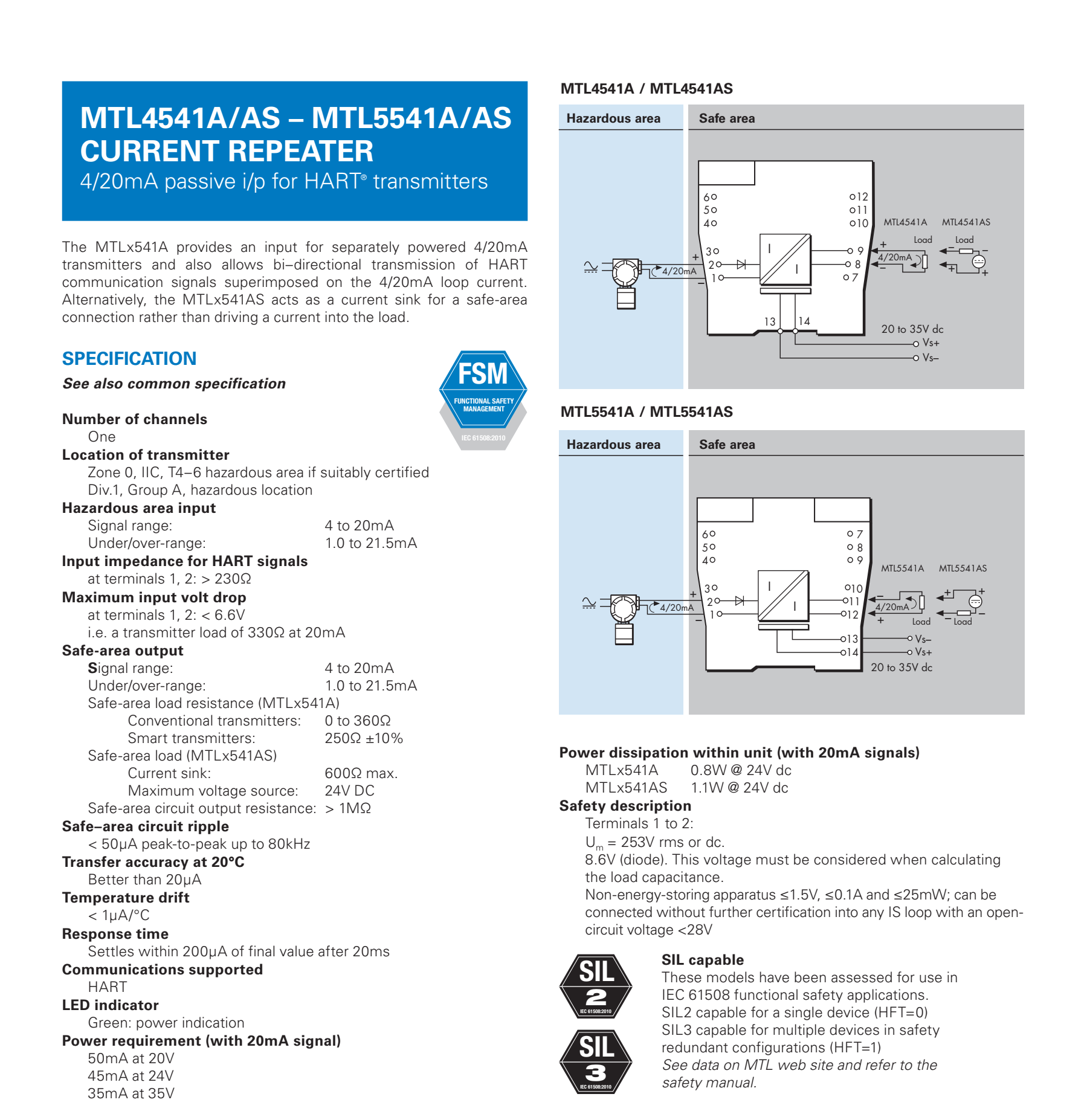 Eaton MTL4541AS Intrinsic Safety Barrier for 4/20mA Transmitters with HART Communication in Oil Gas Chemical Industry