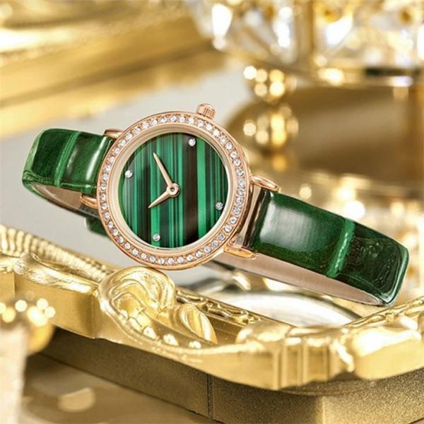 Women Bezel Genuine Diamond Quartz Watch Green Ladies Malachite