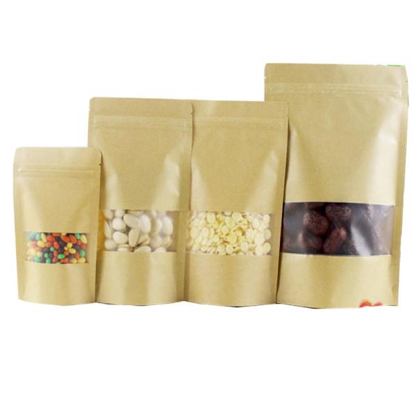 Custom Biodegradable Brown Stand Up Pouches With Zipper And Window For Food Packaging