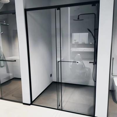 Sala de banho, chuveiro, aço inoxidável, design minimalista, porta deslizante.