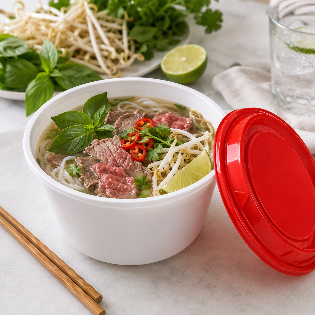 1508ml Extra Deep White PP Disposable Catering Soup Bowl Red Lids for Large Portions