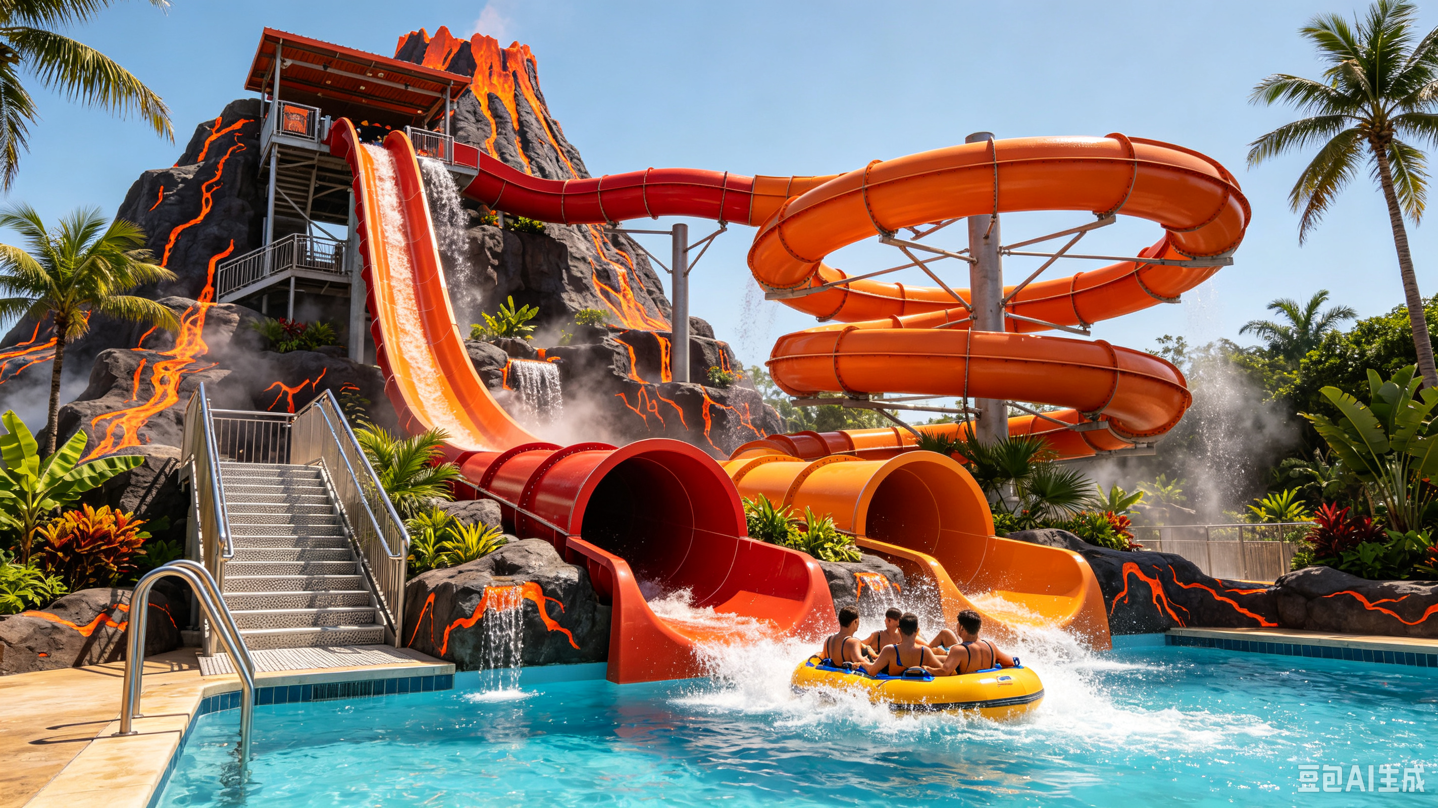 Hawaiian Volcano Themed Mat Racing Water Slide 7M Theme Park