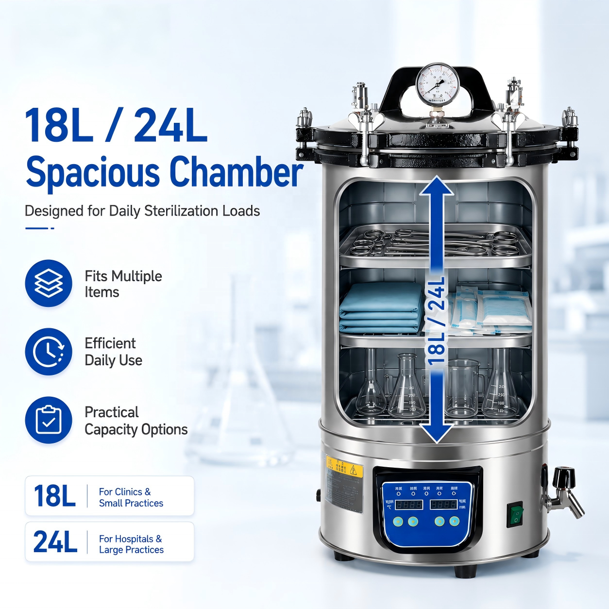 Portable Stainless Steel Laboratory Autoclave Pressure Steam Sterilizer 18L 24L High Temperature Sterilizing Machine