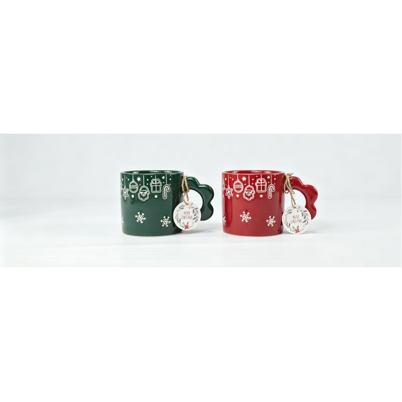 Set of 2 Red & Green Embossed Christmas Ceramic Mugs, Unique Cloud Handle Xmas Santa Gift Mugs with Merry Christmas Hang Tag