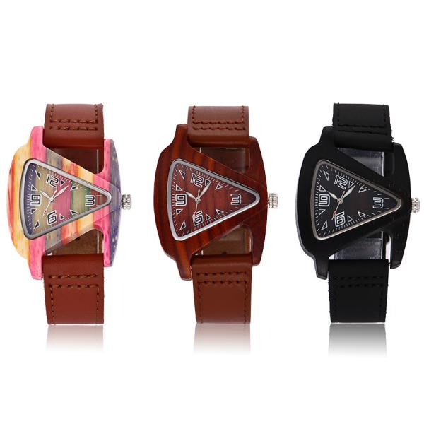 Women Wooden Wrist Watch Black Ladies Quartz Watches Female Bamboo Leather Wristwatch Fashion Triangle Wood Clock Dropsh