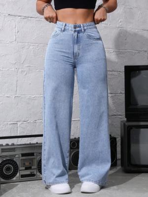 Light medium blue casual wide-leg jeans
