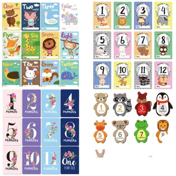 ベビーマイルストーンカード 記念品- 13 ヶ月間の年齢 ディスクカード 双面ブロック 結婚記念カード
