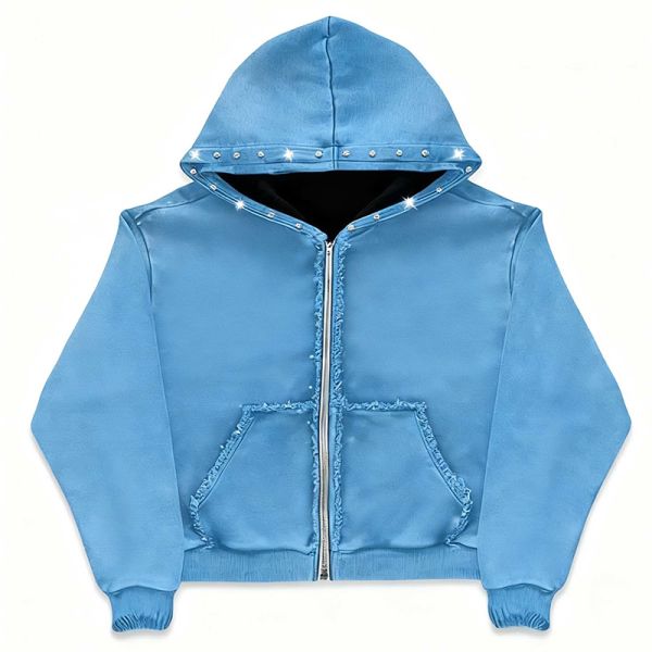 High Quality 100% Cotton Distressed Zip up Acid Wash Men's Hoodie Manufacturer Custom Heavyweight Stitch Rhinestone Sweatshirt