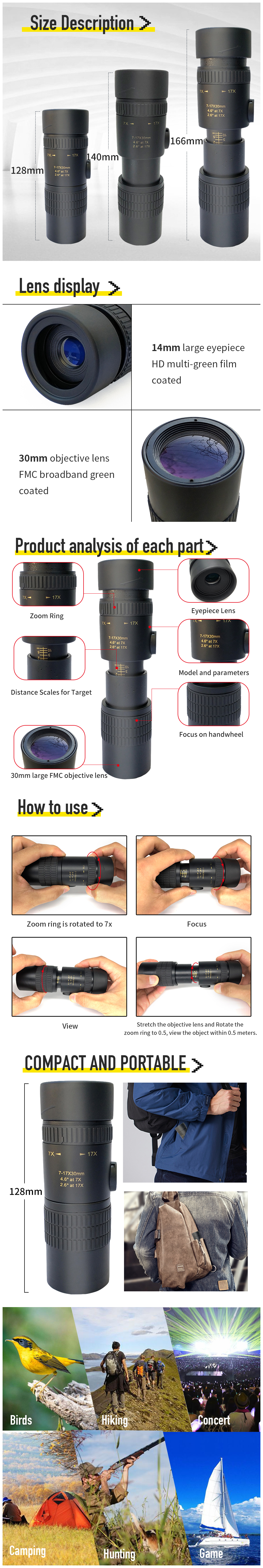телескоп черноты OEM телескопа сигнала 7-17X30 Monocular с переходником/треногой смартфона