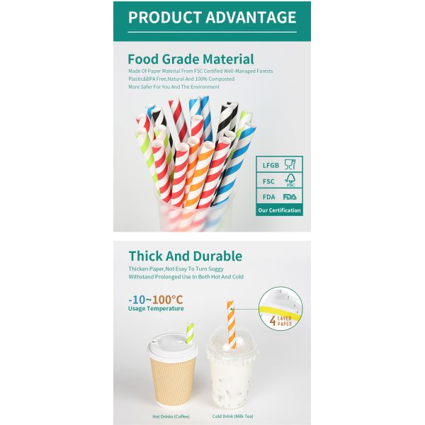 Chinese supplier Custom 12mm Biodegradable Colorful Striped Paper Straws