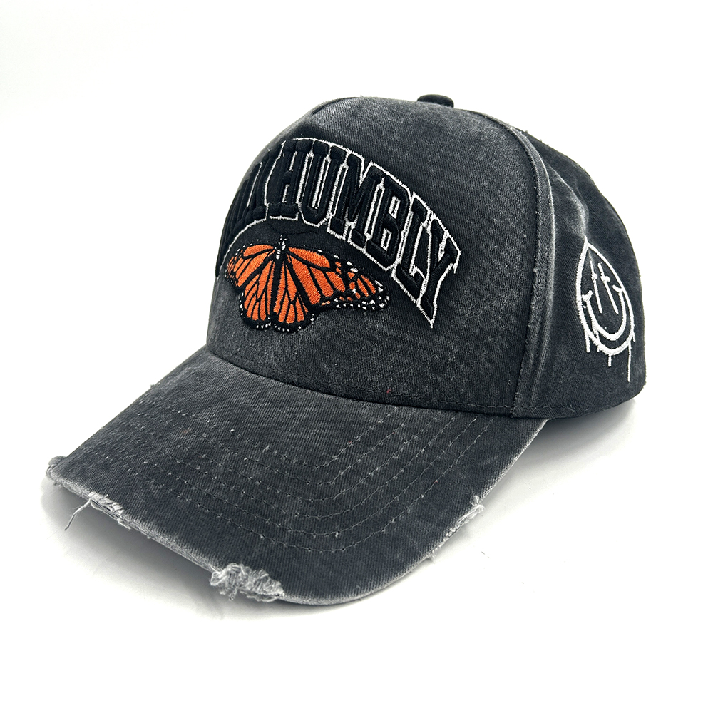 Popular 5 Panel Custom Baseball Caps Washed Cotton Distress 3D Puff Embroidery Sport