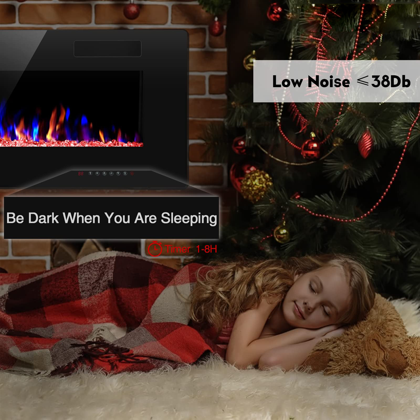 12 Bed Color Mode AJUNION 60 Inch Wall Mounted Silk Screen Printing Electric Fireplace