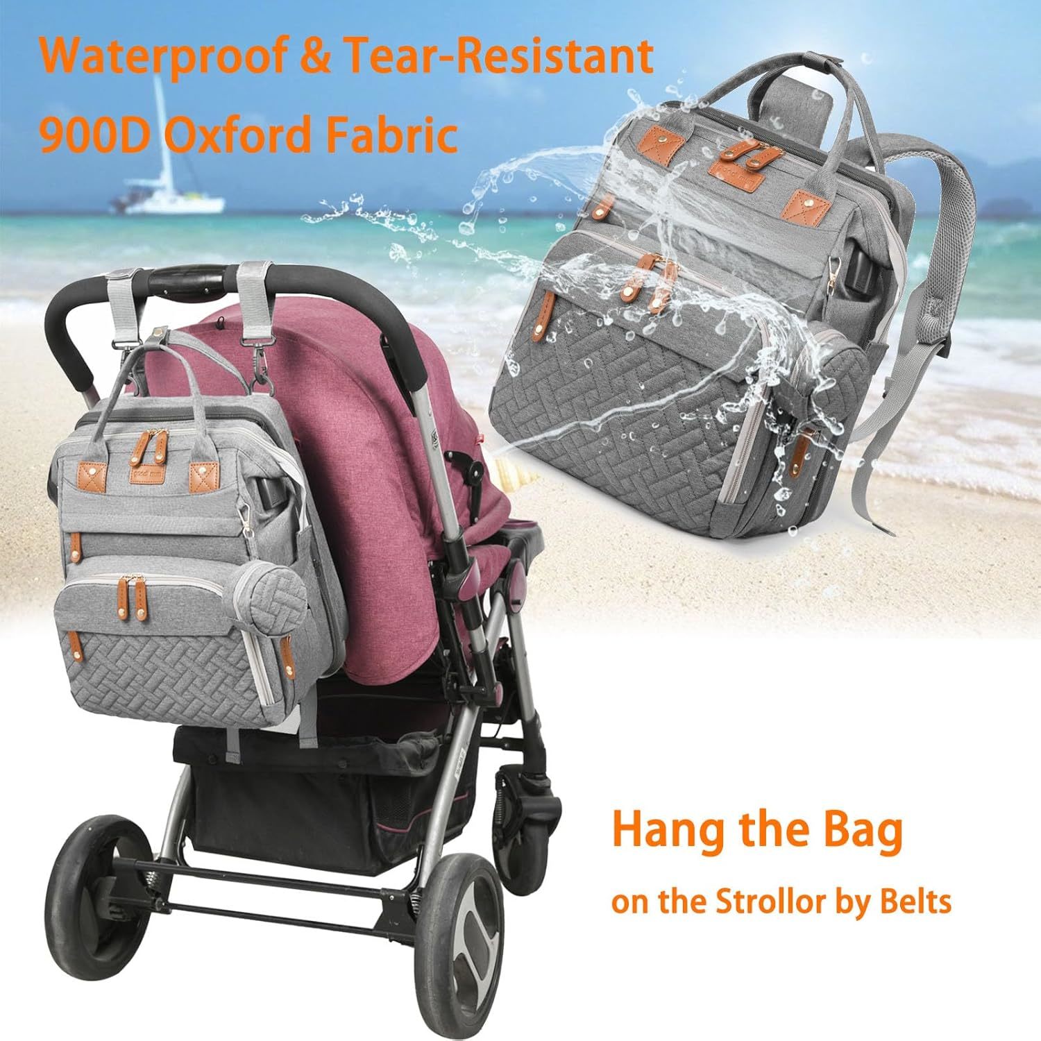 Baby Diaper Bag with Changing Station, Waterproof Diaper Bag Backpack for Moms Dads with USB Charging Port, Baby Shower Gifts, Baby essentials,Grey
