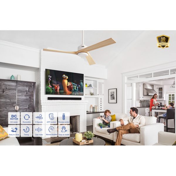 52 Inch Solid Wood Ceiling Fan with Premium Wood Blades and 6-Speed Remote Control