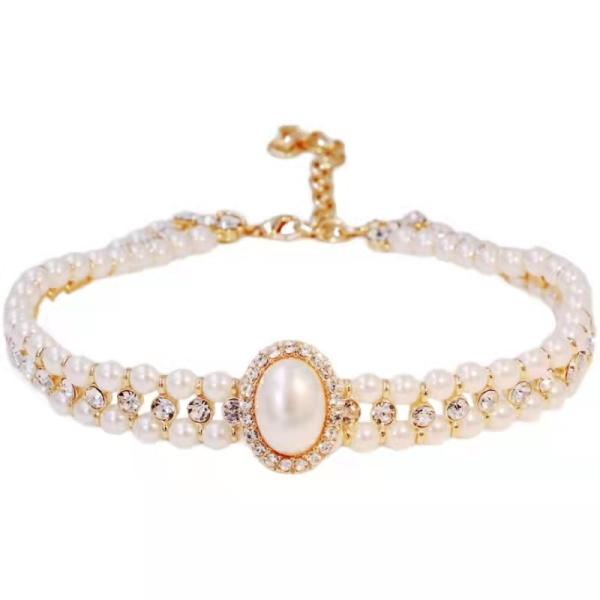 Double Row Pearl And Rhinestone Necklace Inlaid Crystal Diamond OEM ODM