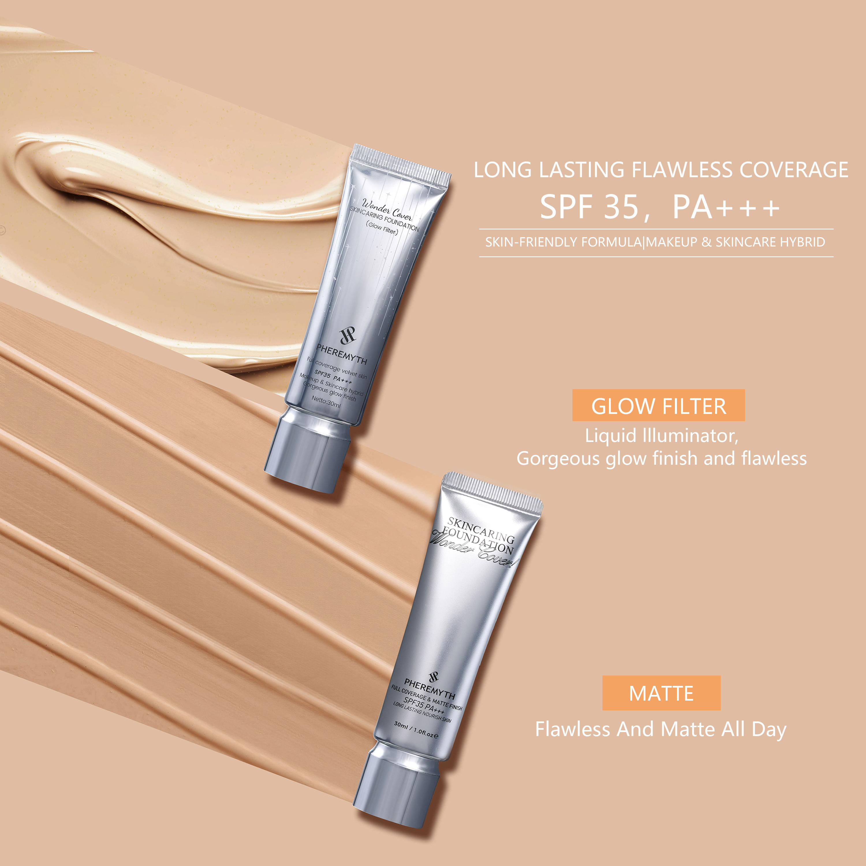 Flawless Coverage Face Makup Products Glow Filter Liquid Illuminator Skincaring Foundation SPF35 PA+++