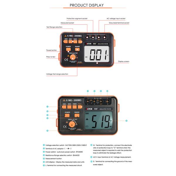 Метр ома деятельности полной кнопки тестера изоляции 1KV цифров легкий