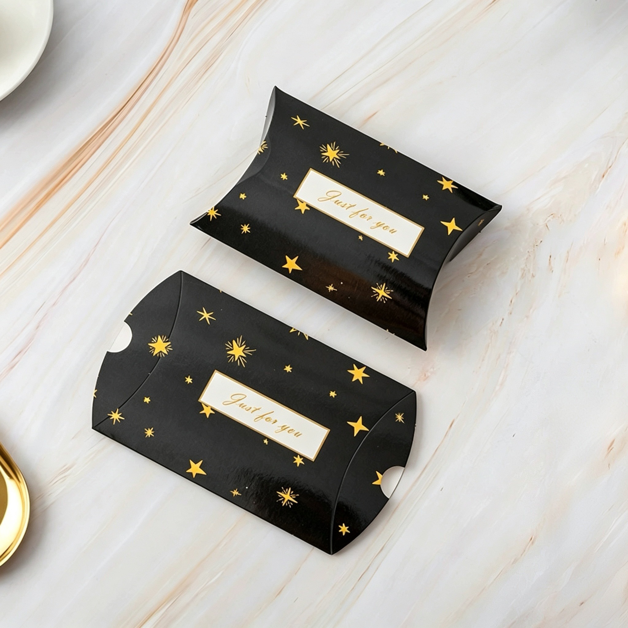 Paper Pillow Boxes Foil Stamped Foldable Packaging for Gift Candy