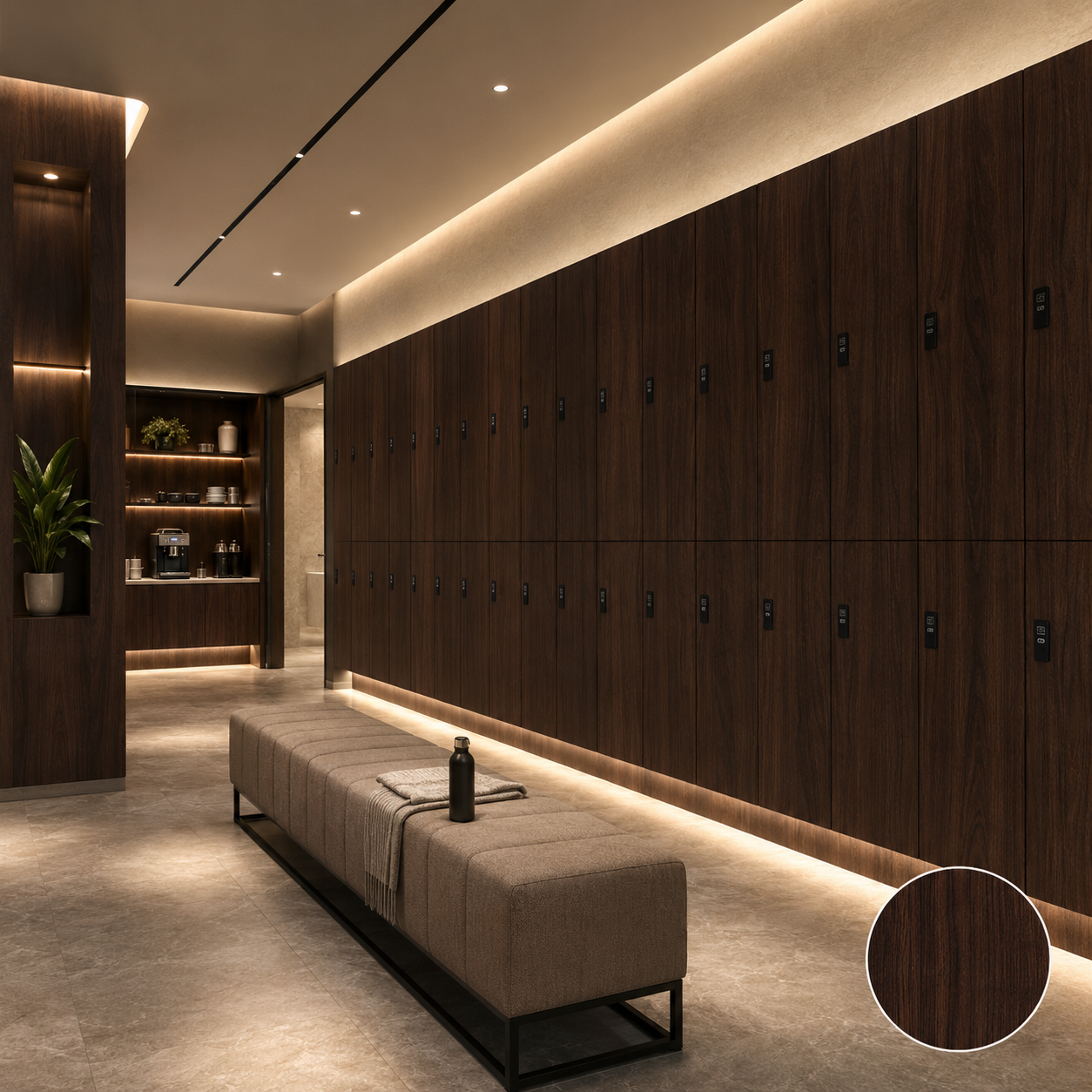 Dark Wood Grain HPL Compact Laminate Lockers Luxury Gym Changing Room Storage Cabinets
