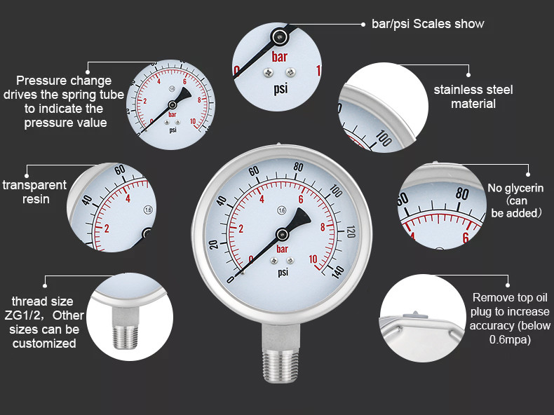 Made in Y100BF 100mm Double Graduated Bar/PSI Display Stainless Steel Pressure Gauge