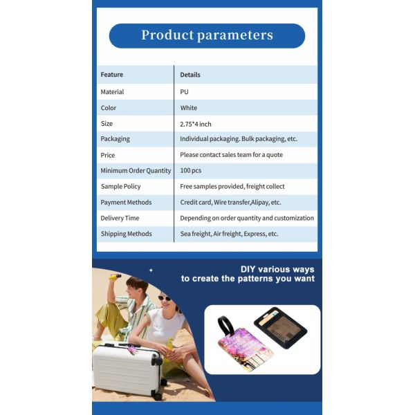 Custom Personalized Shiny White Sublimation PU Leather Luggage Tag Card Holder for Promotional & Business Gifts