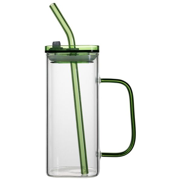 Portable Borosilicate Glass Cup With Colorful Handle PP Lid Glass Straw BPA Free