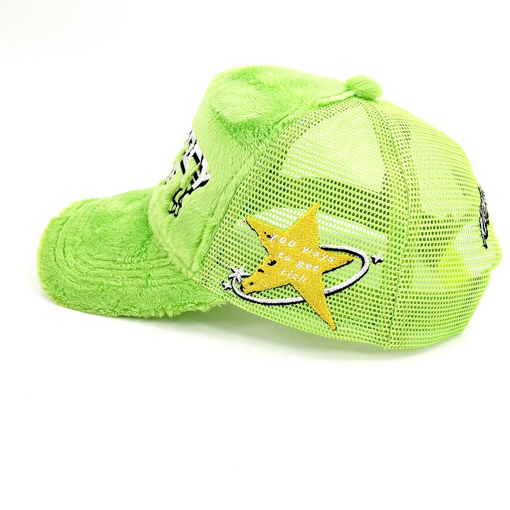 5 Mesh Fluffy Velvet Custom 3D Embroidery Trucker Hats panel Snapback Cap