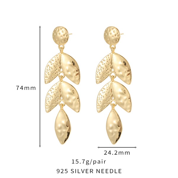 Hot Selling Luxury Brass 14K Gold Plated Dangle Design Tree Leaf Silver Needle Jewelry Stud Earrings for Girls Party Gifts