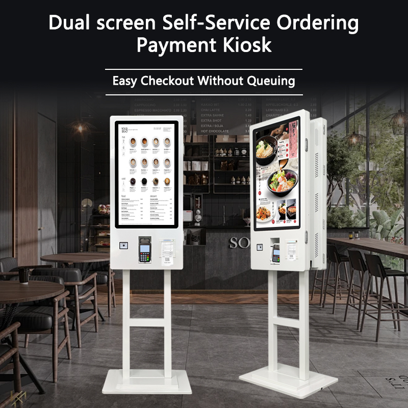 32 Inch Dual Screen Self Service Order Kiosk Capacitive Touch Restaurant Self Ordering Payment Terminal With Receipt Printer QR Scanner POS Bracket For Fast Food Coffee Shop