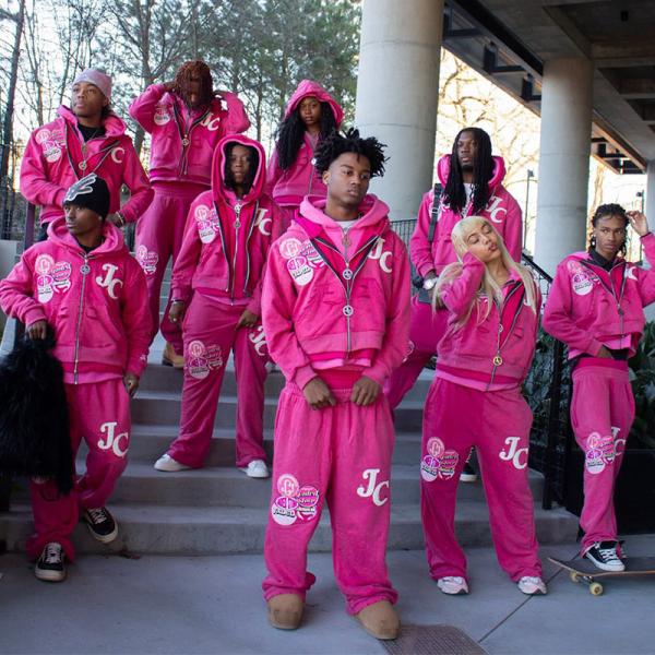 Custom Logo Pink Zipper Hoodie Set Embroidery Patch Distressed Screen Printing Sweat Jogging Suits Tracksuit Unisex Streetwear