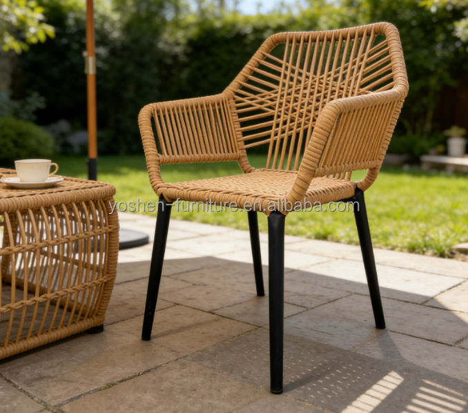 Yoshen Stackable Outdoor Hand Woven Rattan Chair Black Frame for Patio Cafe Commercial Use