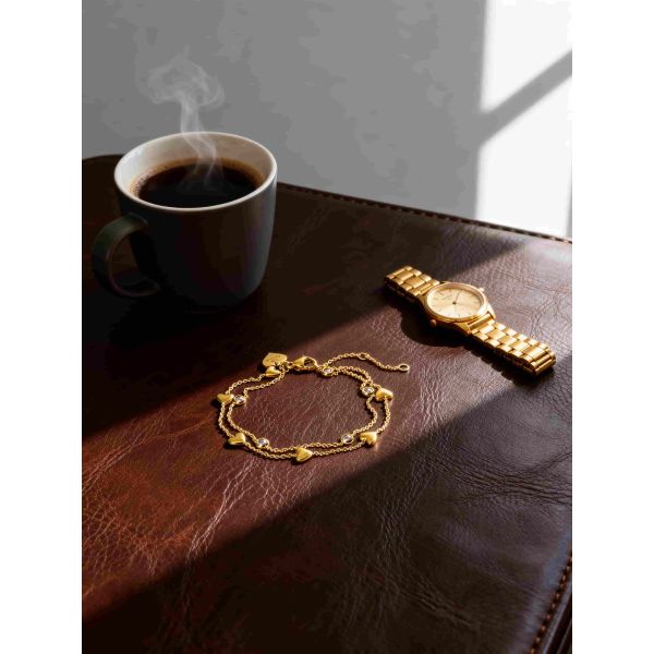 Waterproof Hypoallergenic 18K Gold PVD Plated Heart Bracelet with Adjustable Chain and Crystal Details