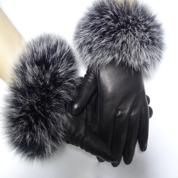 Sheepskin Womens Soft Leather Gloves Wool Lined Fox Fur Leather Gloves